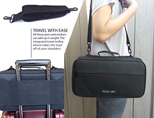 TOOLI-ART Marker & Pen Carrying Case -120 Slots, Canvas, Extra Pockets, Trolley Sleeve, Removable Shoulder Strap, For Most Markers (up to 15mm TOOLI-ART