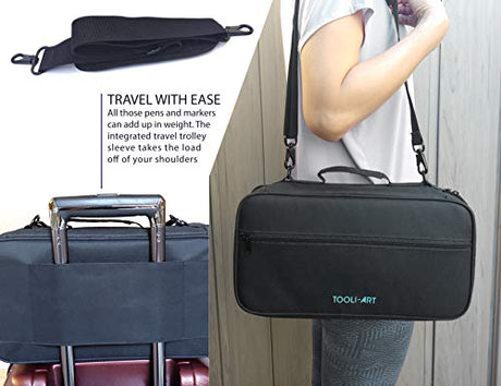 TOOLI-ART Marker & Pen Carrying Case -120 Slots, Canvas, Extra Pockets, Trolley Sleeve, Removable Shoulder Strap, For Most Markers (up to 15mm TOOLI-ART