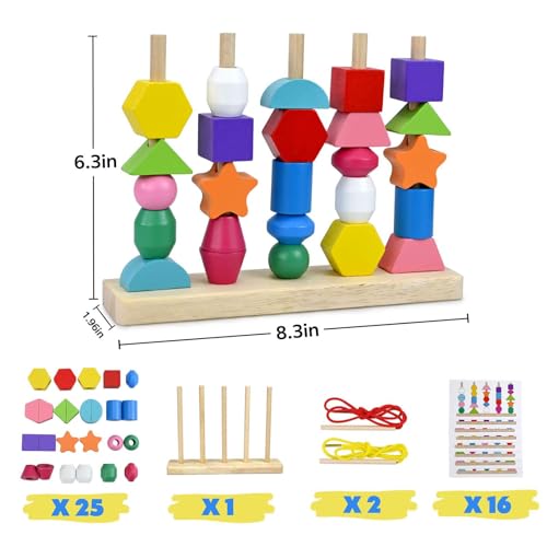 COLEGRY Montessori Toys for 3 4 5 6 Year Old Kid Boys Girls, Wooden Lacing Beads Sequencing Toy Set, Preschool Learning Shape Color Sorting &