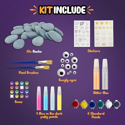 VIGOR PATH Kids Rock Painting Kit: 28-Piece Art and Craft Bundle - Includes 10 Paints (Glow in The Dark and Standard), Crafting Supplies, Ideal for