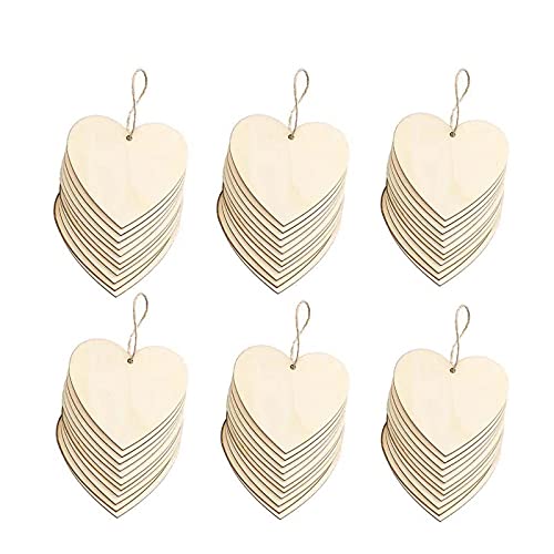 60 Pieces 3", Wooden Hearts with Holes Natural Heart Wood Slices Blank Name Tags with Hole Unfinished Wood Cutout Labels Art Craft Pieces for Wedding