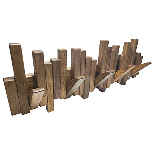 DESAINOPH® Wooden Coat Rack Wall Mounted Sticks Multi Rack Solid Handmade Natural Walnut Wood Artwork with 5 Flip-Down Unique Modern Hooks for Coats - WoodArtSupply