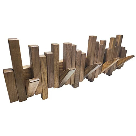 DESAINOPH® Wooden Coat Rack Wall Mounted Sticks Multi Rack Solid Handmade Natural Walnut Wood Artwork with 5 Flip-Down Unique Modern Hooks for Coats DESAINOPH