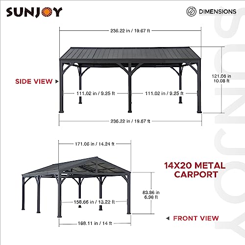 Sunjoy Carport 14 ft. x 20 ft. Outdoor Gazebo Heavy Duty Garage Car Shelter with Brown Powder-Coated Steel Roof/Black Frame and 2 Ceiling Hooks by Sunjoy