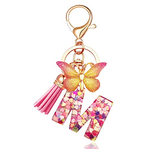 JINGUAZI Initial letter Keychains for Women Tassel Butterfly Pink Cute Car Keychain for Wallet Purses Backpack (Pink M) JINGUAZI