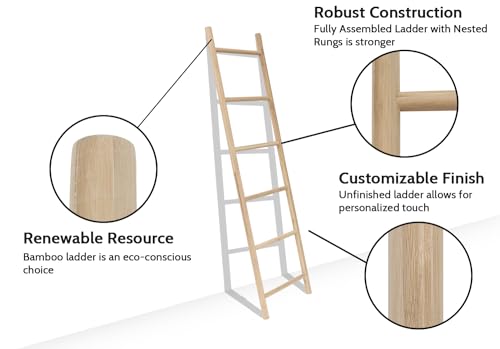 FUIN Fully Assembled 6ft Bamboo Blanket Ladders Living Room Wood Decorative Wall Leaning Farmhouse Quilt Display Holder Rustic Wooden Towel Rack for FUIN
