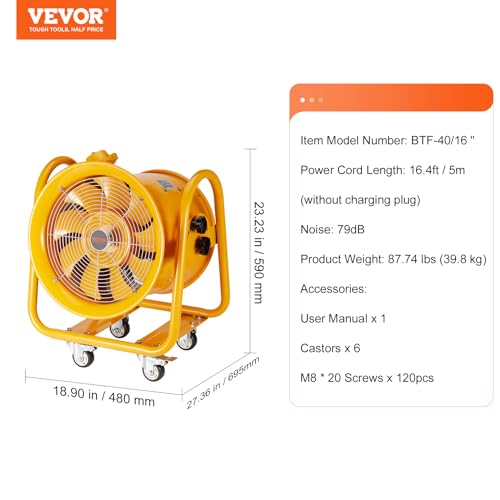 VEVOR Portable Blower Explosion Proof Utility Fan 16 inch, 4240 CFM Heavy Duty Cylinder Exhaust Fan With 16.4ft Power Cord - No Plug, Industrial VEVOR