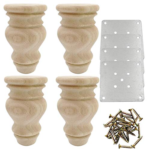 Btibpse 4.7 Inch Wood Furniture Legs Replacement Sofa Couch Chair Ottoman Loveseat Coffee Table Cabinet Feet Unfinished Bun Foot Set of 4 Btibpse