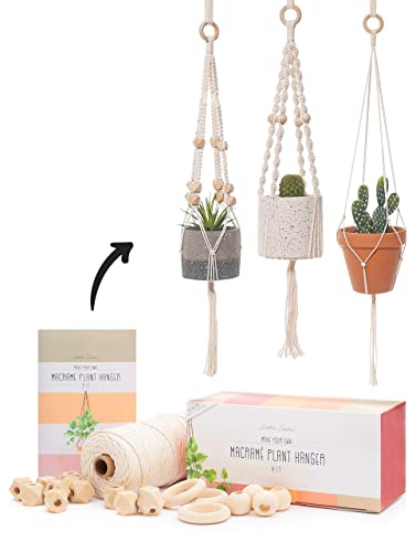 Macrame Kit - Makes 3 Macrame Plant Hangers with Easy To Follow Instructions for Adult Beginners - Includes 109 Yards 3mm Cotton Macrame Cord, Aesthetic Creative