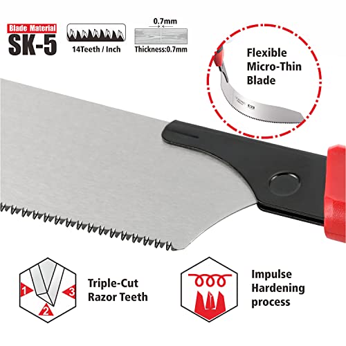 Japanese Pull Saw Hand Flush deep Cutting Trim Saw 10-2/5 Inch （265MM) SK-5 Steel Blade Razor Fine Teeth Saw with Non-slip Rugged curved Handle Ideal X-STEEL