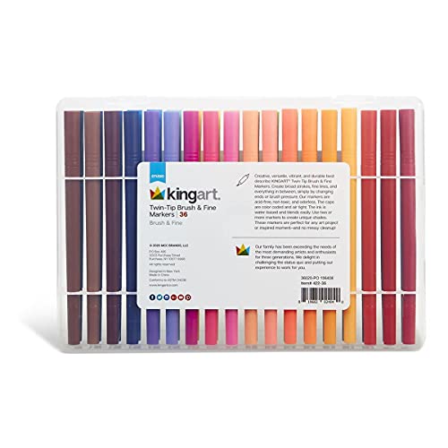 KINGART STUDIO Dual Tip Brush Pen Art Markers with Fineliner, Unqiue Colors, Set of 36 KINGART