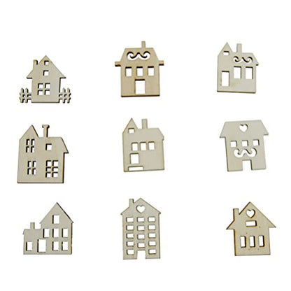 SEWACC 45pcs Unfinished Wooden Cutouts Wooden Houses Shapes Embellishments Hanging Ornaments Wooden House Cutout Slices for DIY Craft Christmas Decor