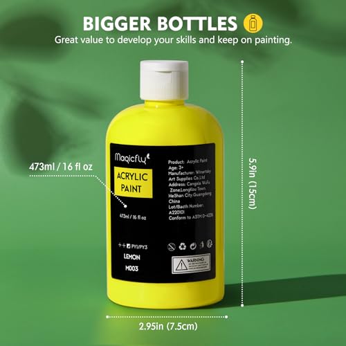 Magicfly Acrylic Paint 12 Colours/473ml, Large Bottles Acrylic Paint Set Rich Pigment Colours for Artists, Beginners, Amateurs on Glass, Stone, Magicfly