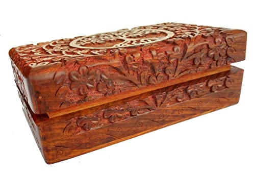 Ajuny Handcarved Wooden Decorative Treasure Chest Box Tree Pattern - Multipurpose Use As Jewelry Storage, Watch Box, Great for Gifts - Brown, 8X5 Ajuny