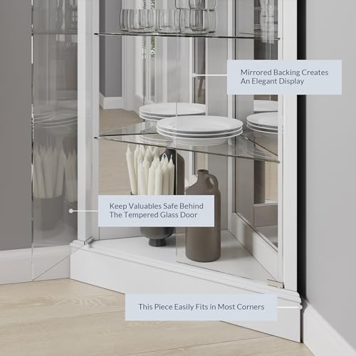 BELLEZE Lighted Accent Corner Display Curio Cabinet with Tempered Glass Doors and Shelves, Classic Wood Cabinet w/Bulb, Corner Curio Storage Rack for BELLEZE