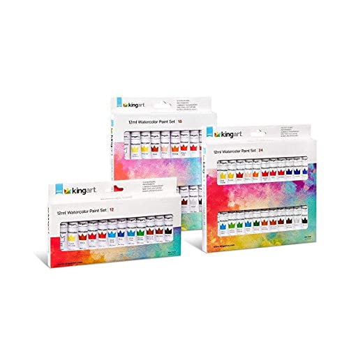 KINGART Studio Watercolor Paint, 12ml (.4oz), Set of 18 Colors KINGART