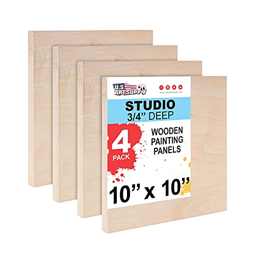 U.S. Art Supply 10" x 10" Birch Wood Paint Pouring Panel Boards, Studio 3/4" Deep Cradle (Pack of 4) - Artist Wooden Wall Canvases - Painting