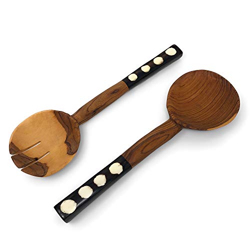 Hand Carved Olive Wood Salad Servers with Polka Dot Bone Handles