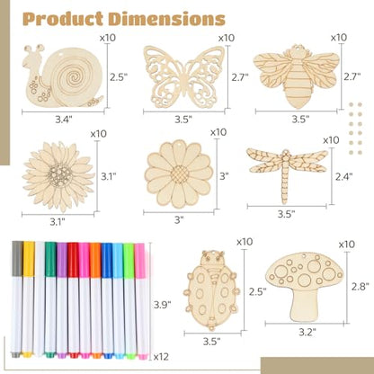 80 PCS Unfinished Wooden Cutouts, Blank Wooden Paint Crafts for Kids, Wood Cutouts Ornaments with Water Color Pens, Butterfly Flower Unfinished