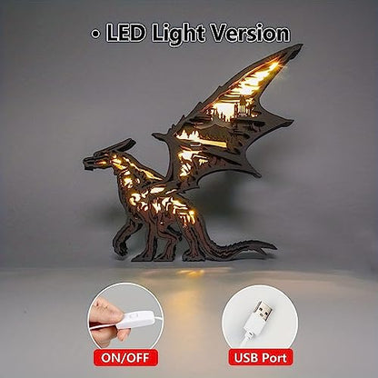 3D Wooden Animals Carving LED Night Light, Wood Carved Lamp Modern Festival Decoration Home Decor Desktop Desk Table Living Room Bedroom Office Farmhouse Shelf Statues Perfect Gifts (Dragon)