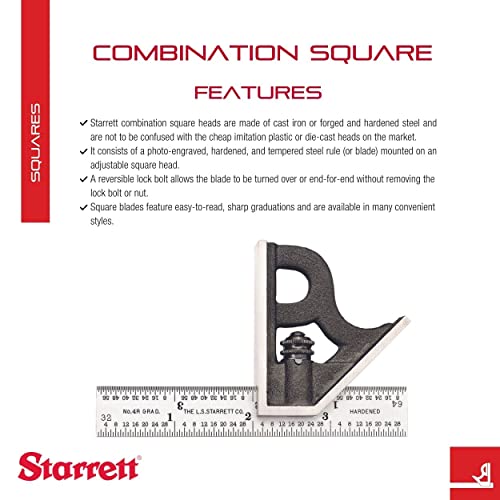 Starrett Steel Combination Square with Square Head - 4" Blade Length, Cast Iron Head, Hardened Steel, Reversible Lock Bolt, 4R Graduation Type - Starrett