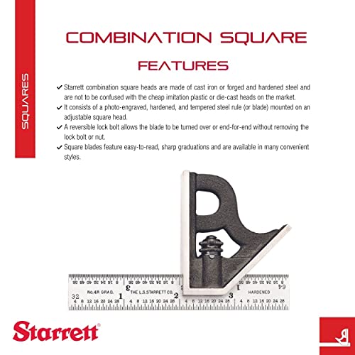 Starrett Steel Combination Square with Square Head - 4" Blade Length, Cast Iron Head, Hardened Steel, Reversible Lock Bolt, 4R Graduation Type - - WoodArtSupply