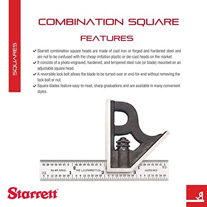 Starrett Steel Combination Square with Square Head - 4" Blade Length, Cast Iron Head, Hardened Steel, Reversible Lock Bolt, 4R Graduation Type - - WoodArtSupply