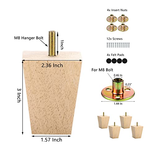 Michanco 3 Inch Unfinished Solid Wood Furniture Legs - Set of 4 Tapered Square Feet for DIY Home Upgrades Michanco
