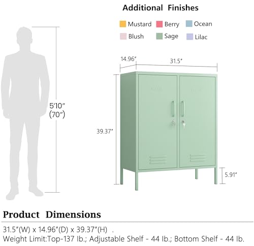 Aiasuit 2 Doors Locker Metal Storage Cabinet 3 Tiers Shelf Multifunctional Storage Organizer Detachable Shelves Easy to Assemble Green Size: 39.37”H