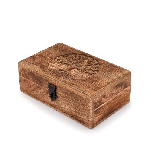 Samhita Handmade Mango Wood Tree of Life Engraving Beautifully Keepsake Box Jewellery Organiser Unique Gift Ideas for Men & Women (Flame Work Finish) Samhita
