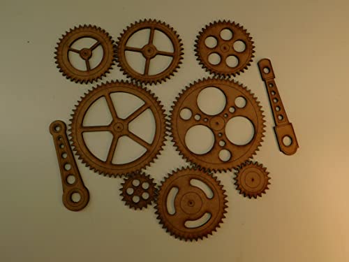 Steampunk Gears Wall Decor - Eight Gears, Two Push Rods - UNFINISHED - Free Shipping - Wood Gears Generic