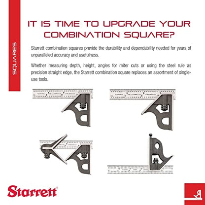 Starrett Steel Combination Square with Square Head - 12" Blade Length, Cast Iron Head, Hardened Steel, Reversible Lock Bolt, Scriber, 4R Graduation - WoodArtSupply