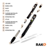 RAK 2-in-1 Multi-Tool Pen Set (2 Pack) Dad Christmas Gifts for Men - LED Tactical Pen Light, Stylus, Ruler, Level, Bottle Opener, Screwdriver, RAK