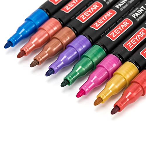 ZEYAR Oil-Based Paint Markers, 8 Metallic Colors. Painting on Rock, Wood, Glass, Metal, Ceramic and more (8 Metallic Colors Fine Point) - WoodArtSupply