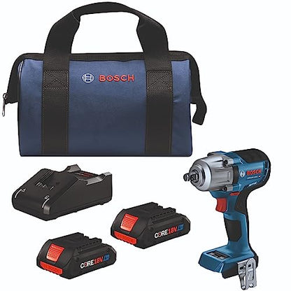 BOSCH GDS18V-330CB25 18V Brushless Connected-Ready 1/2 In. Mid-Torque Impact Wrench Kit with Friction Ring and Thru-Hole and (2) CORE18V® 4 Ah - WoodArtSupply