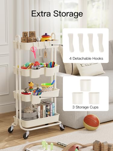 Pipishell 4-Tier Rolling Cart, Utility Cart with Lockable Casters, PP Plastic Storage Baskets, Hanging Cups & Hooks, Rolling Cart for Living Room, Bedroom, Kitchen, Bathroom, Art Studio(White)