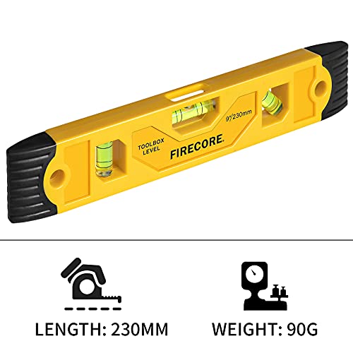 Firecore Magnetic Torpedo Level, 9-Inch Shockproof Toolbox Level with 3 Bubble Spirit Level 45 90 180 Degree Firecore