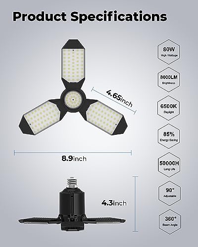 toberich LED Garage Light Bulb, 8000LM Shop Lights with 3+1 Deformable Panels, 6500K Screw in Ceiling Lights for Garage, Workshop, Workbench, toberich