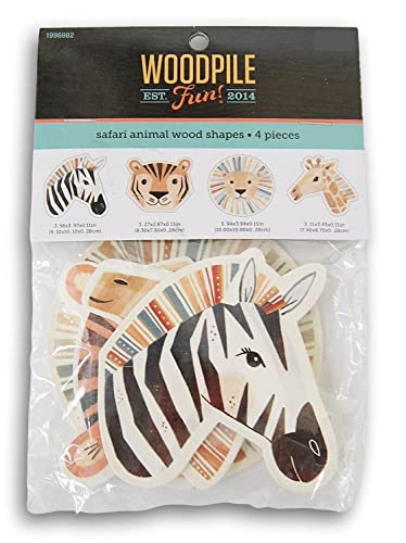 Craft Supply Safari Animals Painted Wood Cutout Shapes - 4 Mini Pieces - Zebra, Tiger, Lion, Giraffe, Multicolor Craft Supply