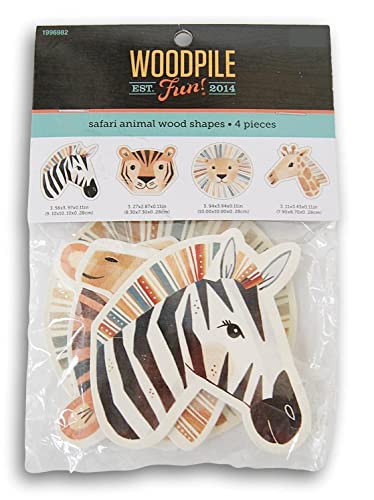 Craft Supply Safari Animals Painted Wood Cutout Shapes - 4 Mini Pieces - Zebra, Tiger, Lion, Giraffe, Multicolor - WoodArtSupply