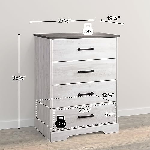 Prepac Rustic Ridge Farmhouse Chest, Wooden Bedroom Dresser with 4 Storage Drawers, 18.25in x 27.5in x 35.5in, Washed White - WoodArtSupply