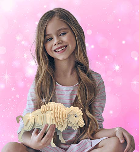 Puzzled Bundle of Owl, Wolf and Buffalo Wooden 3D Puzzle Construction Kits, Fun Unique and Educational DIY Wild Animals Toys Assemble Model Puzzled