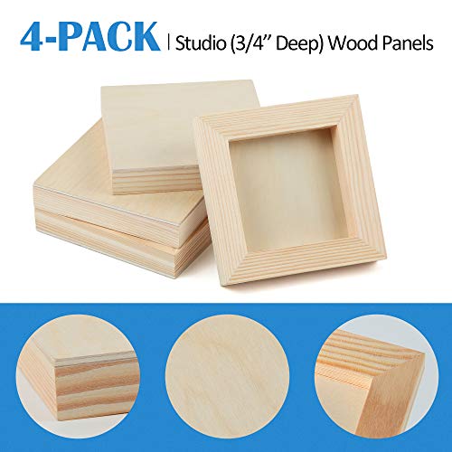 Falling in Art Unfinished Birch Wood Panels Kit for Painting, Wooden Canvas 4 Pack of 4x4’’ Studio 3/4’’ Deep, Cradle Boards for Pouring, Art, Falling in Art