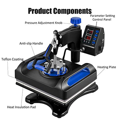 Heat Press Machine 15x15in, Assemble 5 in 1, Fast-Heating, 360 Swing Away, Digital Control Multifunction Sublimation Combo, Blue - WoodArtSupply