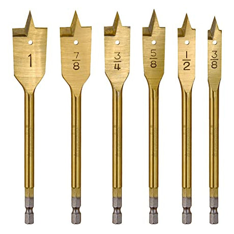 amoolo Spade Drill Bit Set - 6 Pcs Titanium Coating, Carbon Steel Paddle Flat Bit with Quick Change Shank for Hole Cutter Woodworking amoolo