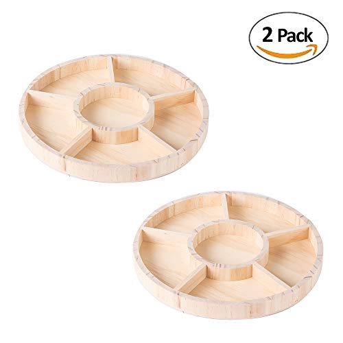 Wooden Tray with 6 Sections – 2 Pack Round Tray Chip and Dip Platter – Divided Serving Tray for Appetizers & Snacks – Veggie Platter - Food Trays for Hammont