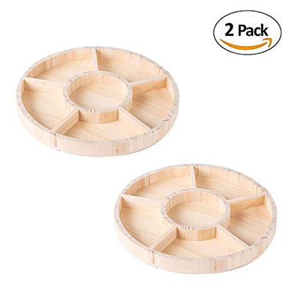 Wooden Tray with 6 Sections – 2 Pack Round Tray Chip and Dip Platter – Divided Serving Tray for Appetizers & Snacks – Veggie Platter - Food Trays for - WoodArtSupply