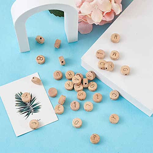 Pandahall 72pcs Wooden Alphabet Number Beads Set Unfinished Beech Flat  Round Loose Spacer Beads for DIY Crafts Jewelry Making Personalized Name ID