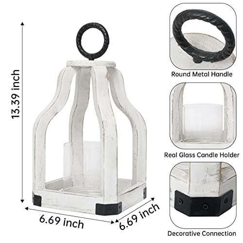 SwallowLiving 13" Rustic Farmhouse Wood Candle Hurricane Lantern with Glass Candlestick Holder for Patio, Table Centerpiece, White SwallowLiving