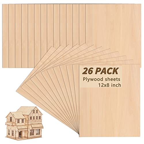 26 Pack Basswood Sheets for Crafts, SIJDIEE 12 x 8 x 1/8 Inch Balsa Wood Sheets, 3mm Thick Plywood Sheets with Smooth Surfaces for Laser Cutting,